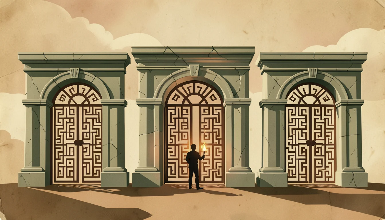 Três pórticos gregos com gates de bronze e silhuetas humanas