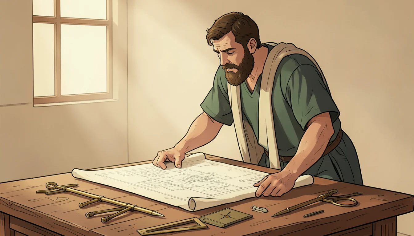 Dédalo, o mestre arquiteto grego, sobre seus blueprints